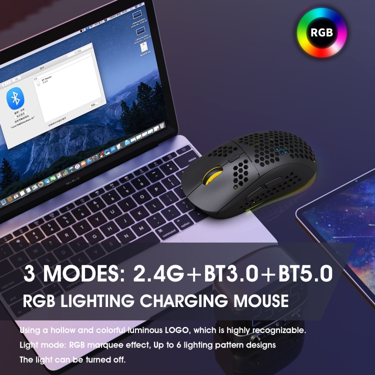 Ratón inalámbrico para juegos HXSJ T90 RGB Light de tres modos - 3