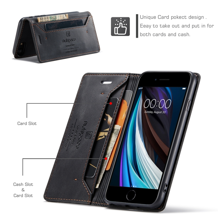 For iPhone SE 2022 / SE 2020 / 8 / 7 AutSpace A01 Retro Skin-feel Crazy Horse Texture Horizontal Flip Leather Case with Holder & Card Slots & Wallet & RFID(Black) For iPhone SE 2022 / SE 2020 / 8 / 7 AutSpace A01 Retro Skin-feel Crazy Horse Texture Horizontal Flip Leather Case with Holder & Card Slots & Wallet & RFID(Black)