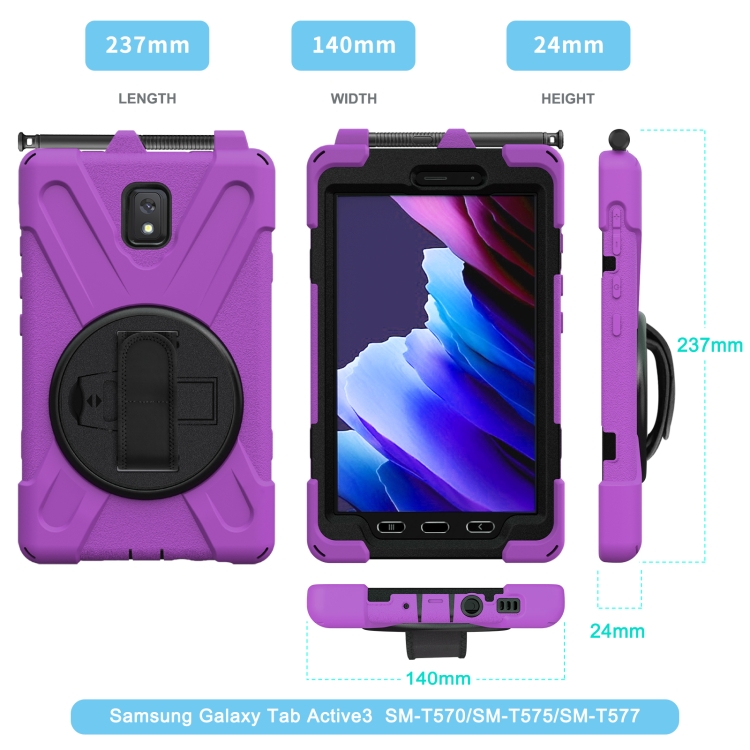 For Samsung Galaxy Tab active 3 T570 / T575 8.0 Shockproof Colorful  Silicone + PC Protective Case with Holder \u0026 Shoulder Strap \u0026 Hand  Strap(Purple)