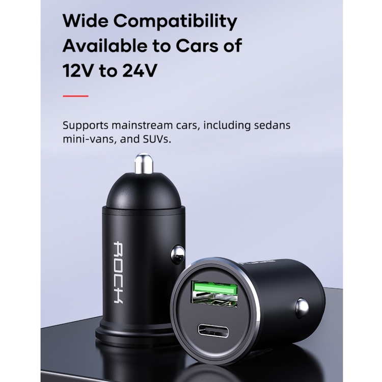 ROCK H13 PD 20W Type-C / USB-C + USB Mini Fast Charging Car Charger(Black) ROCK H13 PD 20W Type-C / USB-C + USB Mini Fast Charging Car Charger(Black)