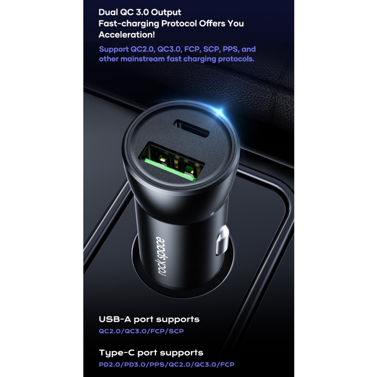 ROCK H13 PD 20W Type-C / USB-C + USB Mini Fast Charging Car Charger(Black) ROCK H13 PD 20W Type-C / USB-C + USB Mini Fast Charging Car Charger(Black)