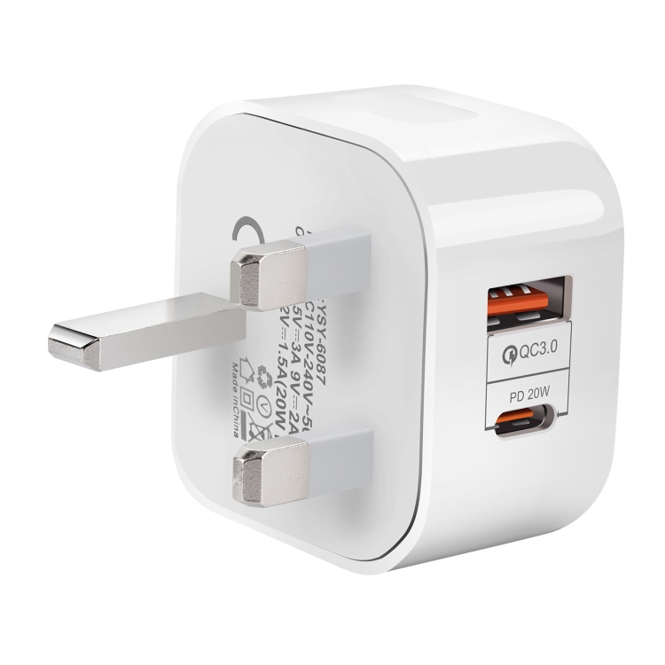 YSY-6087 20W PD + QC 3.0 Dual Ports Travel Charger Power Adapter, UK Plug