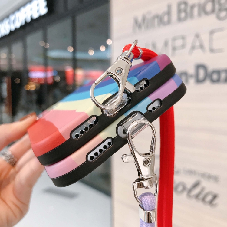 Rainbow IMD Shockproof TPU Protective Case with Lanyard For iPhone 11 Pro Max(Pink Rainbow+Pink Lanyard)
