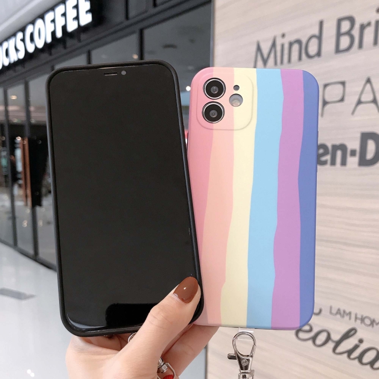 Rainbow IMD Shockproof TPU Protective Case with Lanyard For iPhone 11 Pro Max(Pink Rainbow+Pink Lanyard)