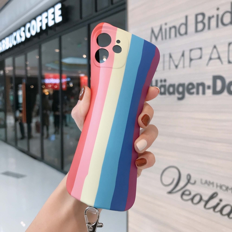 Rainbow IMD Shockproof TPU Protective Case with Lanyard For iPhone 11 Pro Max(Pink Rainbow+Pink Lanyard)