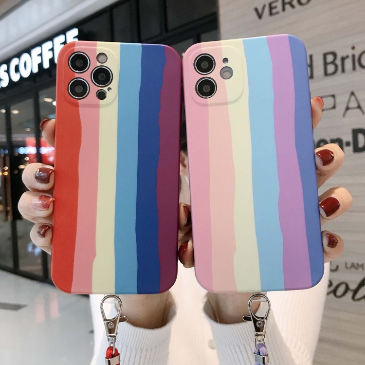 Rainbow IMD Shockproof TPU Protective Case with Lanyard For iPhone 11 Pro Max(Pink Rainbow+Pink Lanyard)