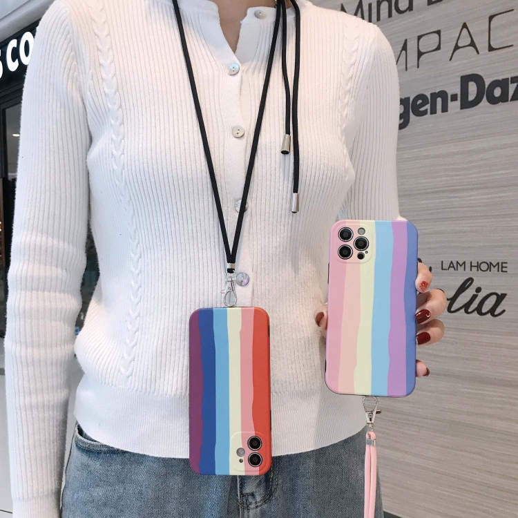 Rainbow IMD Shockproof TPU Protective Case with Lanyard For iPhone 11 Pro Max(Pink Rainbow+Pink Lanyard)