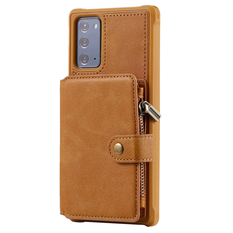 Zipper Shockproof Protective Case with Card Slots & Bracket & Photo Holder & Wallet Function For Samsung Galaxy Note20(Brown)