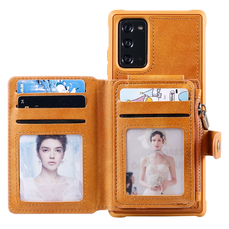 Zipper Shockproof Protective Case with Card Slots & Bracket & Photo Holder & Wallet Function For Samsung Galaxy Note20(Brown)