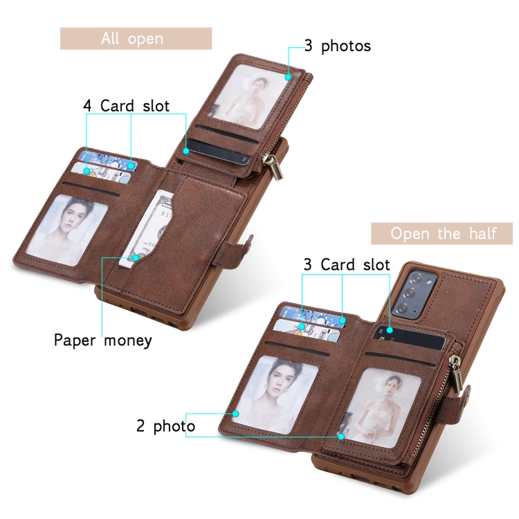 Zipper Shockproof Protective Case with Card Slots & Bracket & Photo Holder & Wallet Function For Samsung Galaxy Note20(Brown)