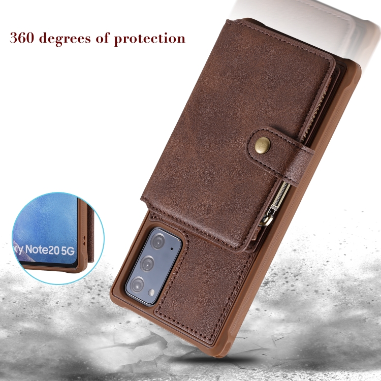 Zipper Shockproof Protective Case with Card Slots & Bracket & Photo Holder & Wallet Function For Samsung Galaxy Note20(Brown)