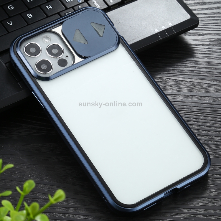 For iPhone 12 Pro Max Sliding Lens Cover Mirror Design Four-corner Shockproof Magnetic Metal Frame Double-sided Tempered Glass Case(Blue) For iPhone 12 Pro Max Sliding Lens Cover Mirror Design Four-corner Shockproof Magnetic Metal Frame Double-sided Tempered Glass Case(Blue)
