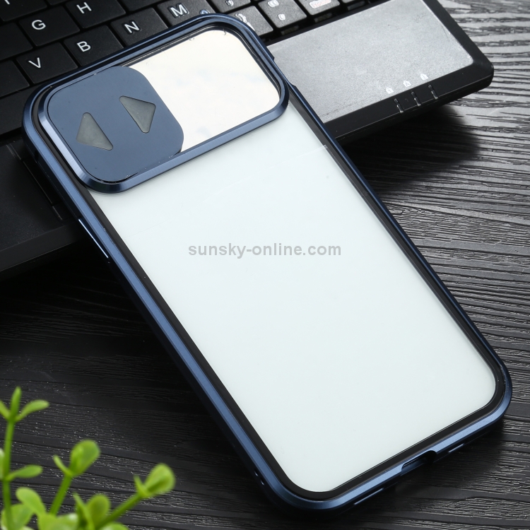 For iPhone 12 Pro Max Sliding Lens Cover Mirror Design Four-corner Shockproof Magnetic Metal Frame Double-sided Tempered Glass Case(Blue) For iPhone 12 Pro Max Sliding Lens Cover Mirror Design Four-corner Shockproof Magnetic Metal Frame Double-sided Tempered Glass Case(Blue)