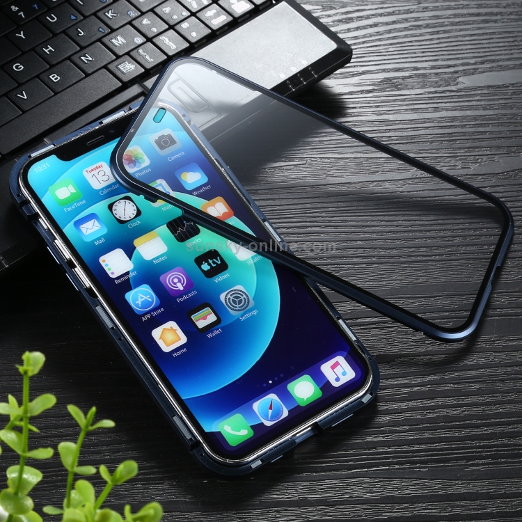 For iPhone 12 Pro Max Sliding Lens Cover Mirror Design Four-corner Shockproof Magnetic Metal Frame Double-sided Tempered Glass Case(Blue) For iPhone 12 Pro Max Sliding Lens Cover Mirror Design Four-corner Shockproof Magnetic Metal Frame Double-sided Tempered Glass Case(Blue)