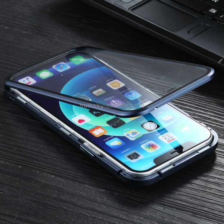 For iPhone 12 Pro Max Sliding Lens Cover Mirror Design Four-corner Shockproof Magnetic Metal Frame Double-sided Tempered Glass Case(Blue) For iPhone 12 Pro Max Sliding Lens Cover Mirror Design Four-corner Shockproof Magnetic Metal Frame Double-sided Tempered Glass Case(Blue)