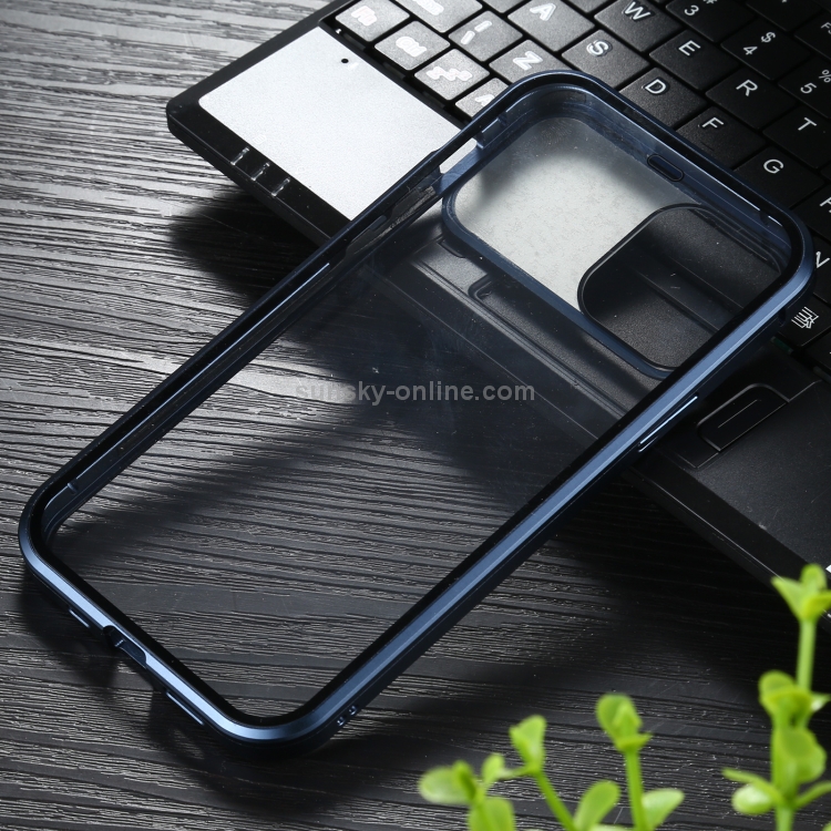 For iPhone 12 Pro Max Sliding Lens Cover Mirror Design Four-corner Shockproof Magnetic Metal Frame Double-sided Tempered Glass Case(Blue) For iPhone 12 Pro Max Sliding Lens Cover Mirror Design Four-corner Shockproof Magnetic Metal Frame Double-sided Tempered Glass Case(Blue)