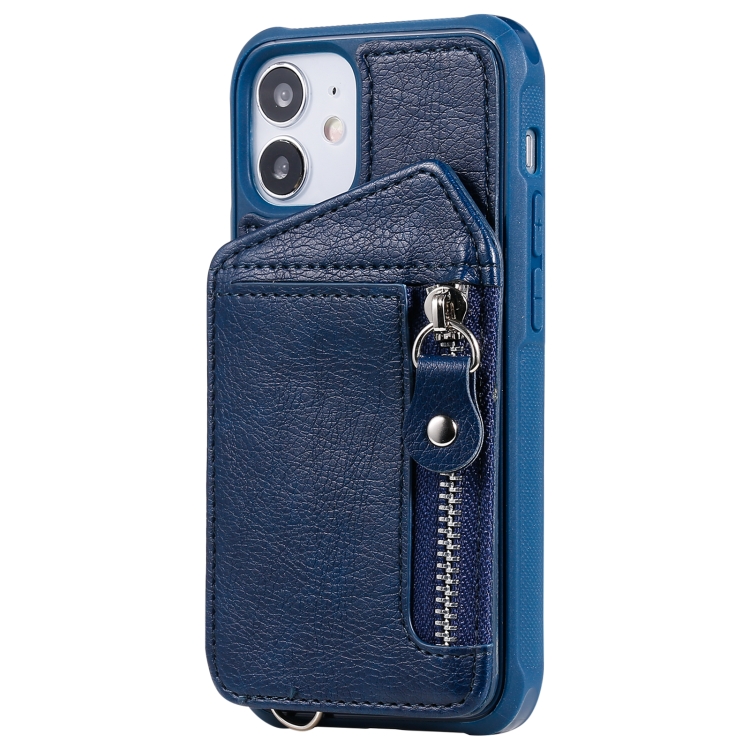 For iPhone 12 mini Zipper Double Buckle Shockproof Protective Case with Stand & Photo Holder & Wallet Function (Blue) For iPhone 12 mini Zipper Double Buckle Shockproof Protective Case with Stand & Photo Holder & Wallet Function (Blue)
