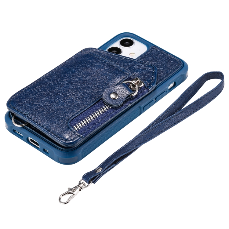 For iPhone 12 mini Zipper Double Buckle Shockproof Protective Case with Stand & Photo Holder & Wallet Function (Blue) For iPhone 12 mini Zipper Double Buckle Shockproof Protective Case with Stand & Photo Holder & Wallet Function (Blue)