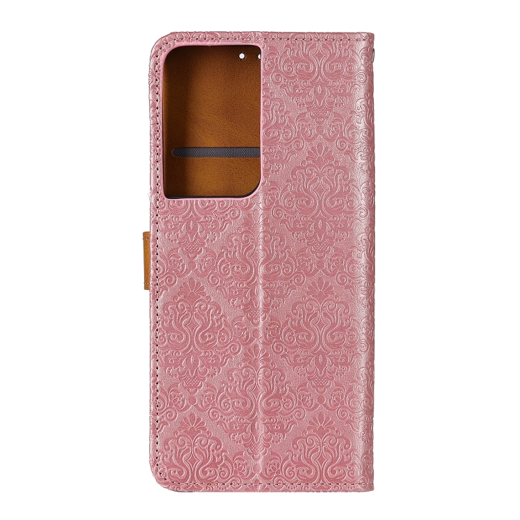 For Samsung Galaxy S21 Ultra 5G European Floral Embossed Copper Buckle Horizontal Flip PU Leather Case with Holder & Card Slots & Wallet & Photo Frame(Pink)