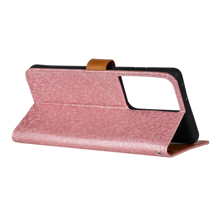 For Samsung Galaxy S21 Ultra 5G European Floral Embossed Copper Buckle Horizontal Flip PU Leather Case with Holder & Card Slots & Wallet & Photo Frame(Pink)