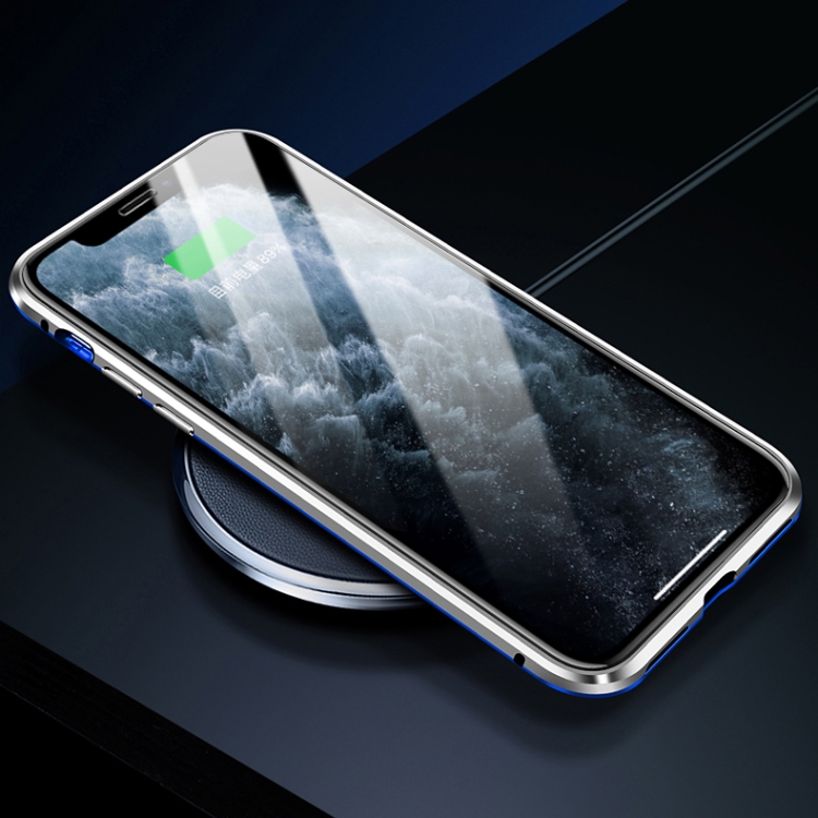 R-JUST Four-corner Shockproof Anti-peeping Magnetic Gradient Metal Frame Double-sided Tempered Glass Case For iPhone 11 Pro Max(Silver Blue)