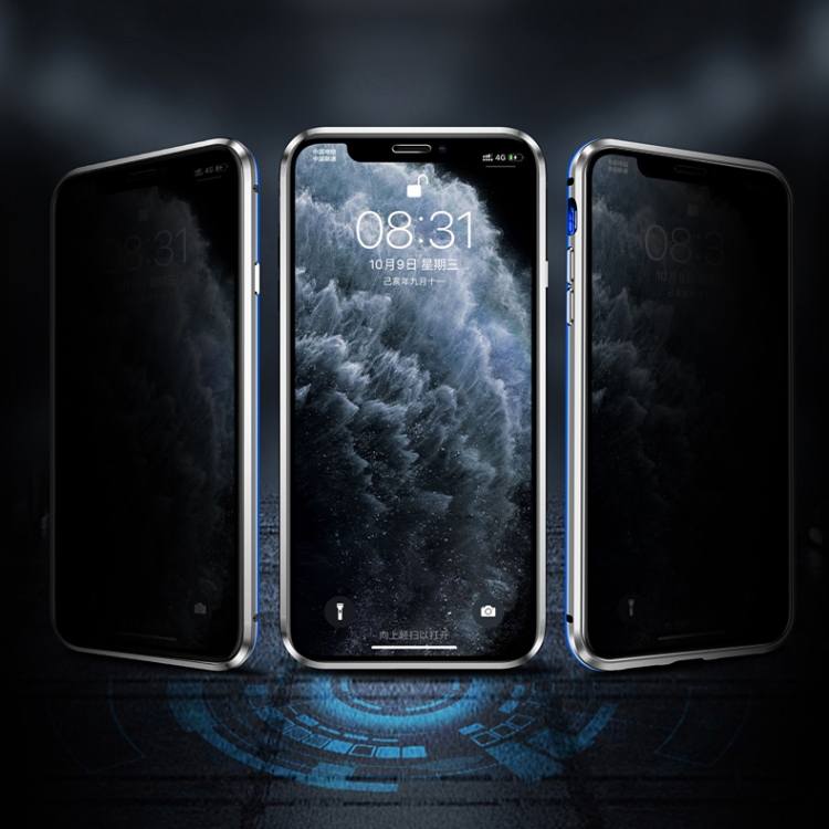 R-JUST Four-corner Shockproof Anti-peeping Magnetic Gradient Metal Frame Double-sided Tempered Glass Case For iPhone 11 Pro Max(Silver Blue)