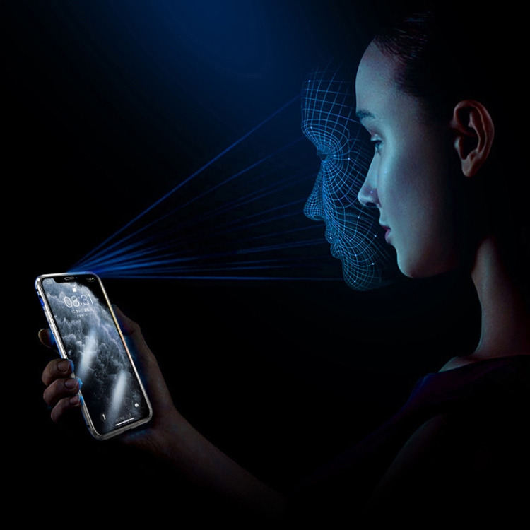 R-JUST Four-corner Shockproof Anti-peeping Magnetic Gradient Metal Frame Double-sided Tempered Glass Case For iPhone 11 Pro Max(Silver Blue)