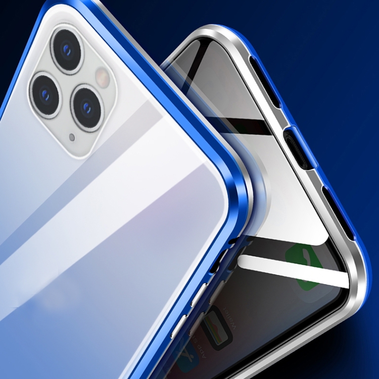 R-JUST Four-corner Shockproof Anti-peeping Magnetic Gradient Metal Frame Double-sided Tempered Glass Case For iPhone 11 Pro Max(Silver Blue)