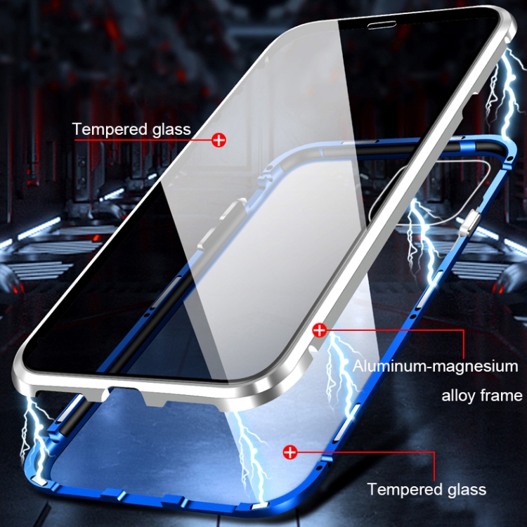 R-JUST Four-corner Shockproof Anti-peeping Magnetic Gradient Metal Frame Double-sided Tempered Glass Case For iPhone 11 Pro Max(Silver Blue)