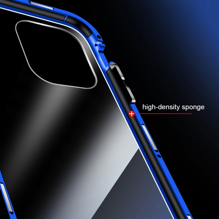 R-JUST Four-corner Shockproof Anti-peeping Magnetic Gradient Metal Frame Double-sided Tempered Glass Case For iPhone 11 Pro Max(Silver Blue)