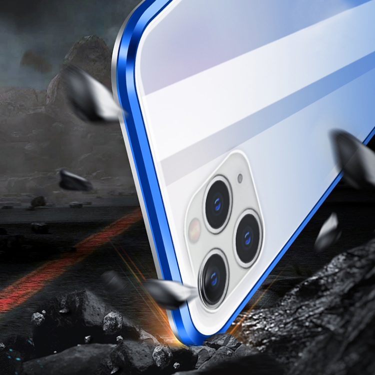 R-JUST Four-corner Shockproof Anti-peeping Magnetic Gradient Metal Frame Double-sided Tempered Glass Case For iPhone 11 Pro Max(Silver Blue)