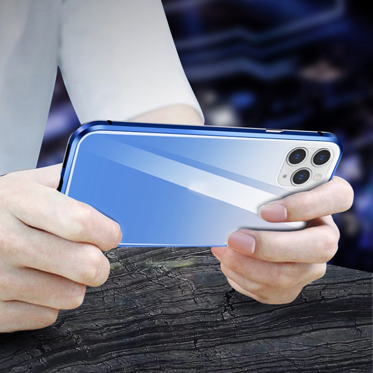 R-JUST Four-corner Shockproof Anti-peeping Magnetic Gradient Metal Frame Double-sided Tempered Glass Case For iPhone 11 Pro Max(Silver Blue)
