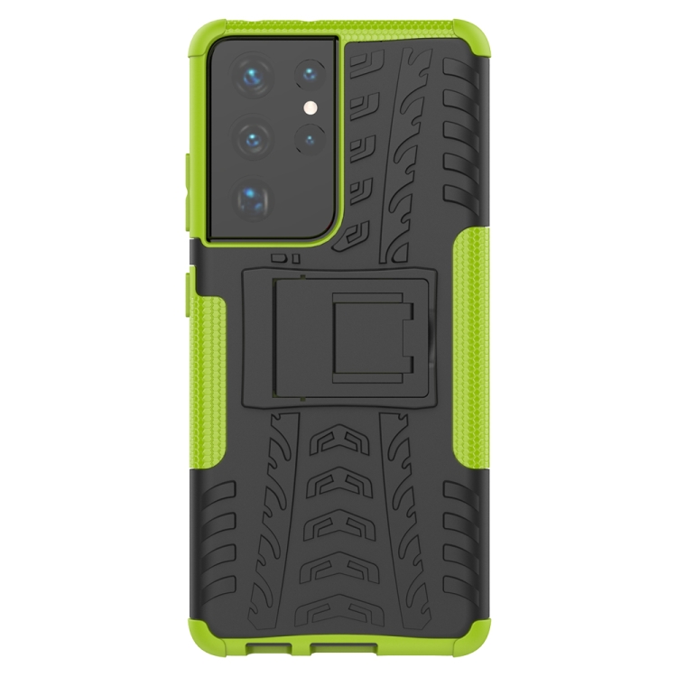 For Samsung Galaxy S21 Ultra 5G Tire Texture Shockproof TPU+PC Protective Case with Holder(Green) For Samsung Galaxy S21 Ultra 5G Tire Texture Shockproof TPU+PC Protective Case with Holder(Green)