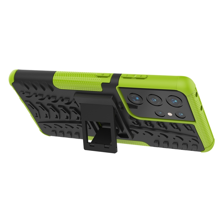 For Samsung Galaxy S21 Ultra 5G Tire Texture Shockproof TPU+PC Protective Case with Holder(Green) For Samsung Galaxy S21 Ultra 5G Tire Texture Shockproof TPU+PC Protective Case with Holder(Green)