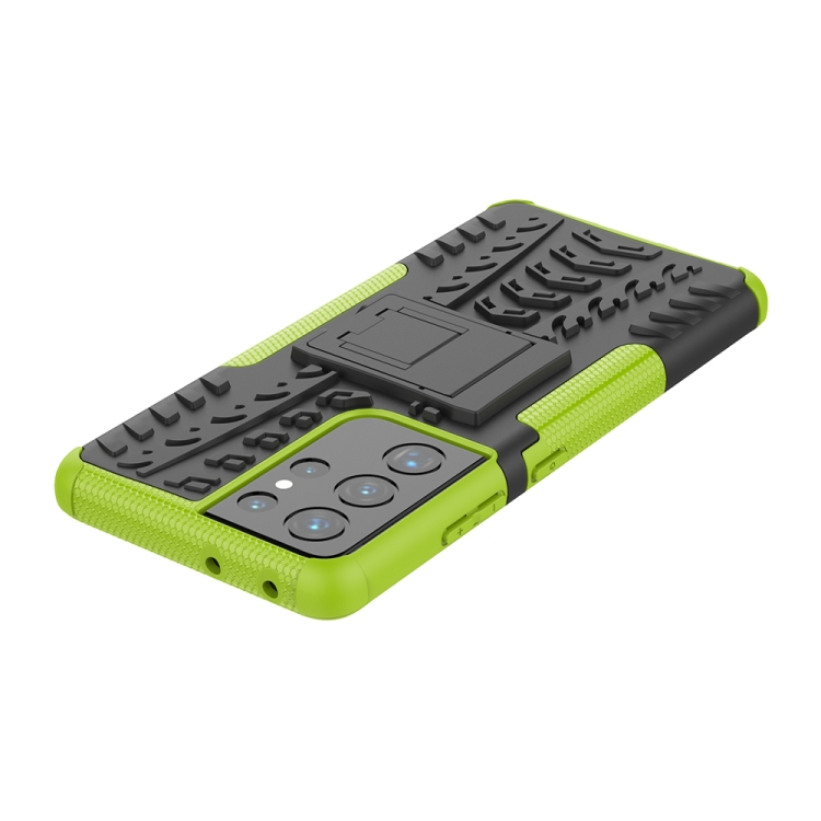 For Samsung Galaxy S21 Ultra 5G Tire Texture Shockproof TPU+PC Protective Case with Holder(Green) For Samsung Galaxy S21 Ultra 5G Tire Texture Shockproof TPU+PC Protective Case with Holder(Green)