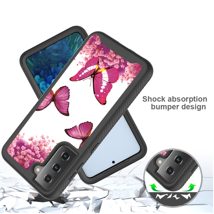 For Samsung Galaxy S21 5G 3 in 1 Card PC + TPU Shockproof Protective Case(Rose Red Butterfly)