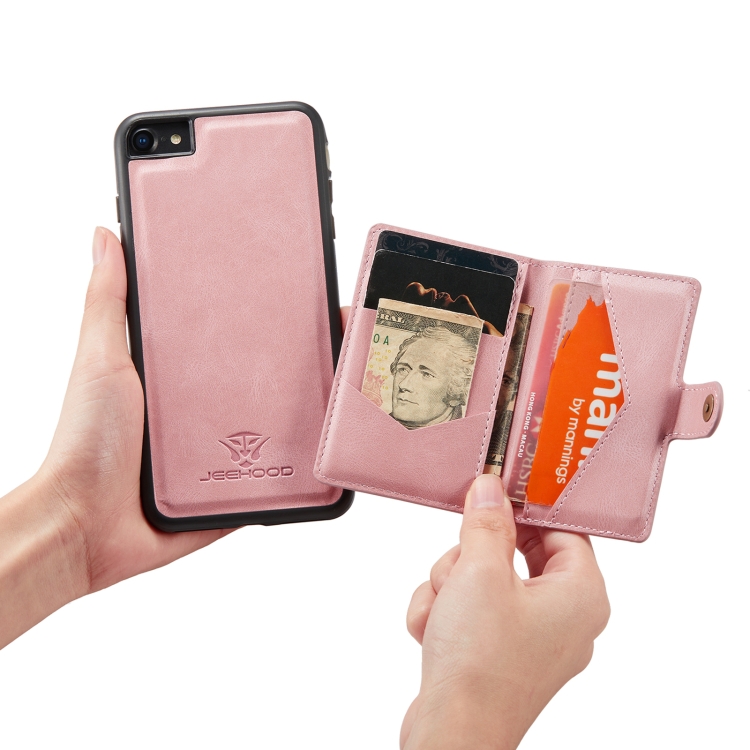 For iPhone SE 2022 / SE 2020 / 8 / 7 JEEHOOD Retro Magnetic Detachable Protective Case with Wallet & Card Slot & Holder(Pink) For iPhone SE 2022 / SE 2020 / 8 / 7 JEEHOOD Retro Magnetic Detachable Protective Case with Wallet & Card Slot & Holder(Pink)