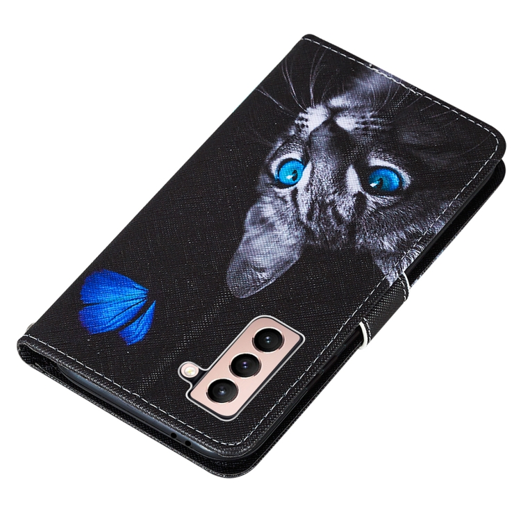 For Samsung Galaxy S21+ 5G Cross Texture Painting Pattern Horizontal Flip Leather Case with Holder & Card Slots & Wallet & Lanyard(Blue Butterfly Cat Eyes) For Samsung Galaxy S21+ 5G Cross Texture Painting Pattern Horizontal Flip Leather Case with Holder & Card Slots & Wallet & Lanyard(Blue Butterfly Cat Eyes)
