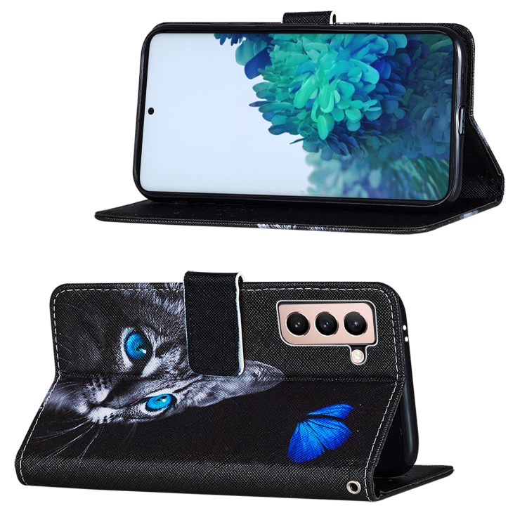 For Samsung Galaxy S21+ 5G Cross Texture Painting Pattern Horizontal Flip Leather Case with Holder & Card Slots & Wallet & Lanyard(Blue Butterfly Cat Eyes) For Samsung Galaxy S21+ 5G Cross Texture Painting Pattern Horizontal Flip Leather Case with Holder & Card Slots & Wallet & Lanyard(Blue Butterfly Cat Eyes)