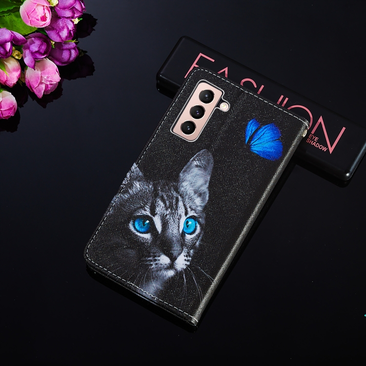 For Samsung Galaxy S21+ 5G Cross Texture Painting Pattern Horizontal Flip Leather Case with Holder & Card Slots & Wallet & Lanyard(Blue Butterfly Cat Eyes) For Samsung Galaxy S21+ 5G Cross Texture Painting Pattern Horizontal Flip Leather Case with Holder & Card Slots & Wallet & Lanyard(Blue Butterfly Cat Eyes)