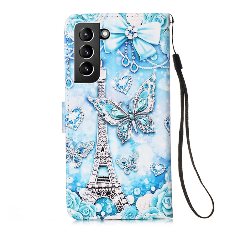 For Samsung Galaxy S21+ 5G Colored Drawing Pattern Plain Weave Horizontal Flip Leather Case with Holder & Card Slot & Wallet & Lanyard(Tower Butterfly)