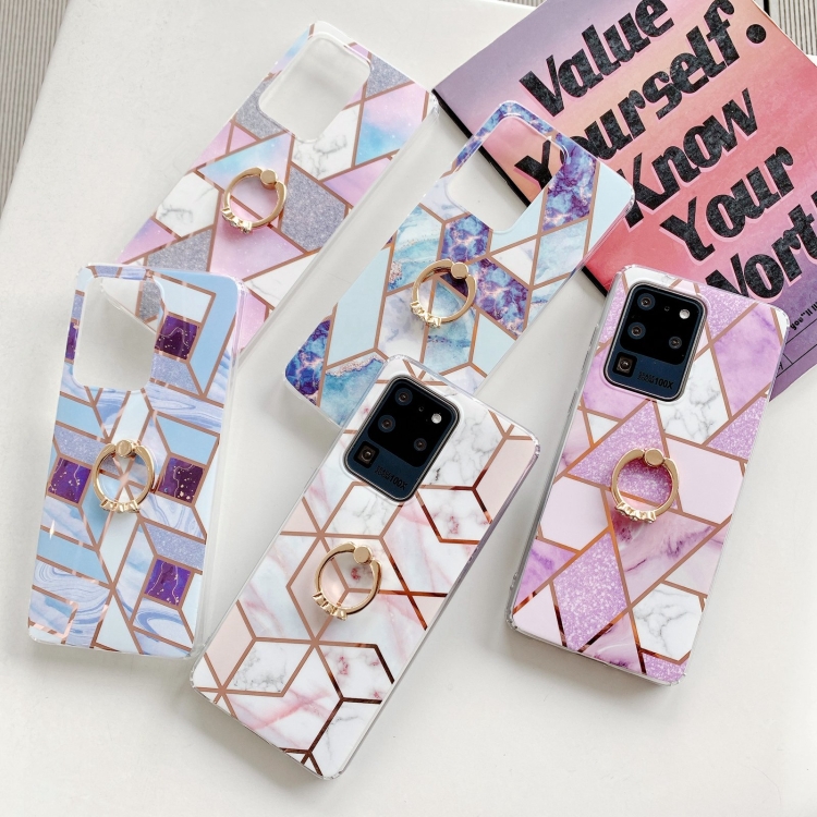 For Samsung Galaxy S21+ 5G Colorful Marble Pattern Protective Case with Ring Holder(TM07)