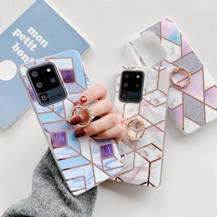 For Samsung Galaxy S21+ 5G Colorful Marble Pattern Protective Case with Ring Holder(TM07)