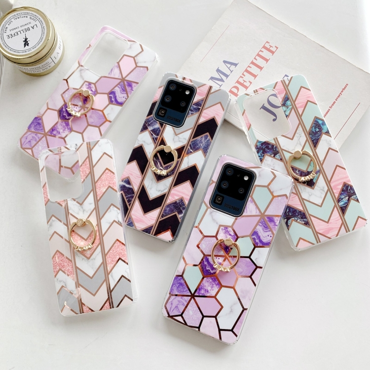 For Samsung Galaxy S21+ 5G Colorful Marble Pattern Protective Case with Ring Holder(TM09)