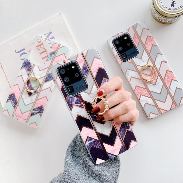 For Samsung Galaxy S21+ 5G Colorful Marble Pattern Protective Case with Ring Holder(TM09)