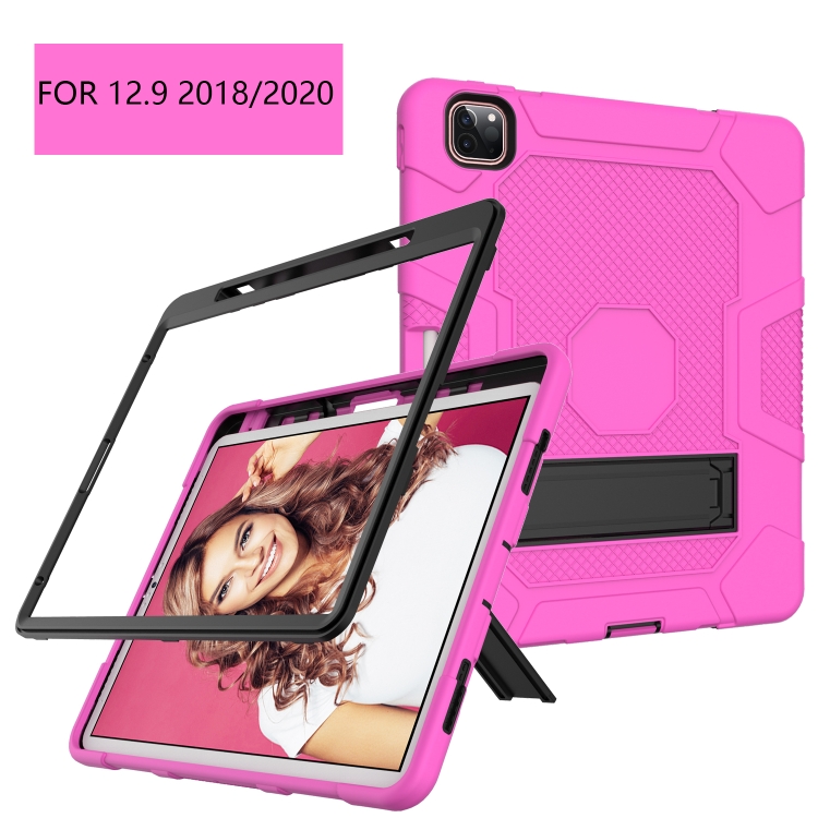 For iPad Pro 12.9 inch (2020) Contrast Color Robot Shockproof Silicone + PC Protective Tablet Case with Holder(Rose Red Black) For iPad Pro 12.9 inch (2020) Contrast Color Robot Shockproof Silicone + PC Protective Tablet Case with Holder(Rose Red Black)