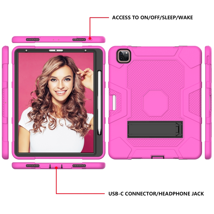 For iPad Pro 12.9 inch (2020) Contrast Color Robot Shockproof Silicone + PC Protective Tablet Case with Holder(Rose Red Black) For iPad Pro 12.9 inch (2020) Contrast Color Robot Shockproof Silicone + PC Protective Tablet Case with Holder(Rose Red Black)