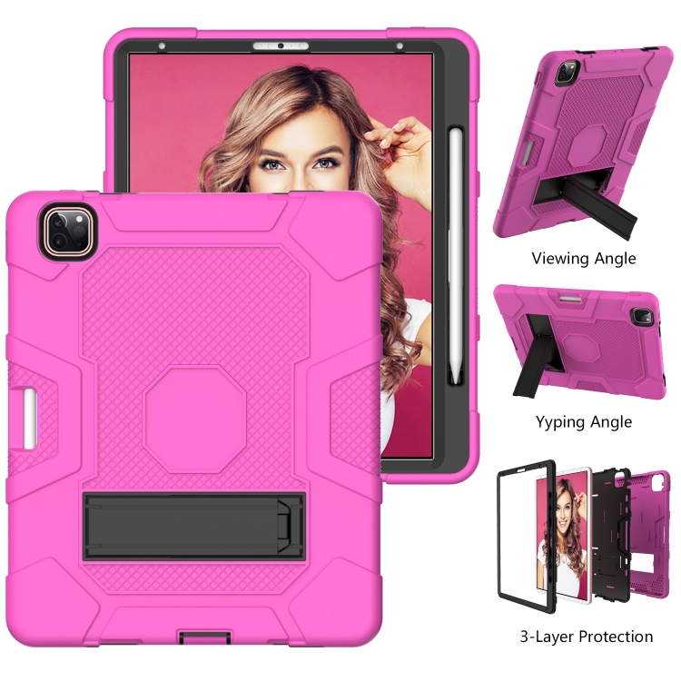 For iPad Pro 12.9 inch (2020) Contrast Color Robot Shockproof Silicone + PC Protective Tablet Case with Holder(Rose Red Black) For iPad Pro 12.9 inch (2020) Contrast Color Robot Shockproof Silicone + PC Protective Tablet Case with Holder(Rose Red Black)