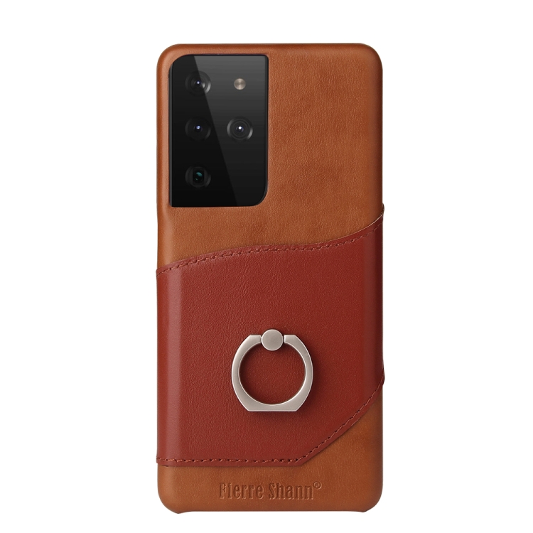 For Samsung Galaxy S21+ 5G Fierre Shann Oil Wax Texture Genuine Leather Back Cover Case with 360 Degree Rotation Holder & Card Slot(Brown) For Samsung Galaxy S21+ 5G Fierre Shann Oil Wax Texture Genuine Leather Back Cover Case with 360 Degree Rotation Holder & Card Slot(Brown)