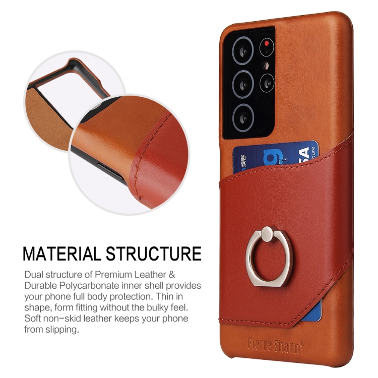 For Samsung Galaxy S21+ 5G Fierre Shann Oil Wax Texture Genuine Leather Back Cover Case with 360 Degree Rotation Holder & Card Slot(Brown) For Samsung Galaxy S21+ 5G Fierre Shann Oil Wax Texture Genuine Leather Back Cover Case with 360 Degree Rotation Holder & Card Slot(Brown)